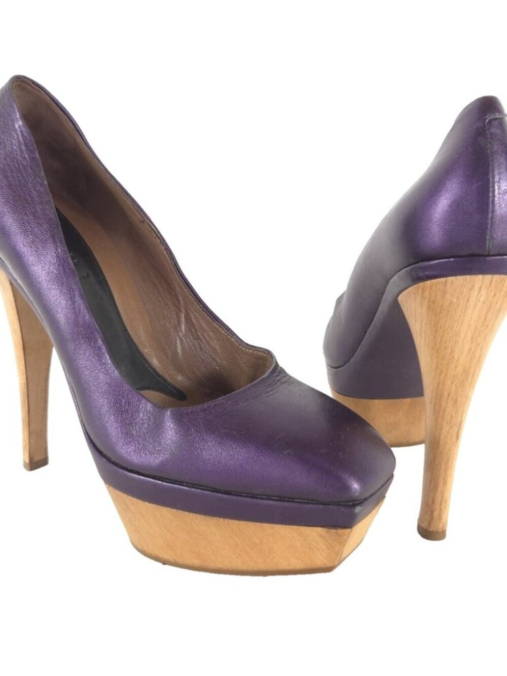 Vintage Marni Leather Platform Pumps US 9 EU 39 Womens Purple Wood Heel $695